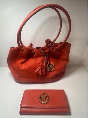 Michael Kors Red Pebbled Leather Shoulder Bag & Wallet Set